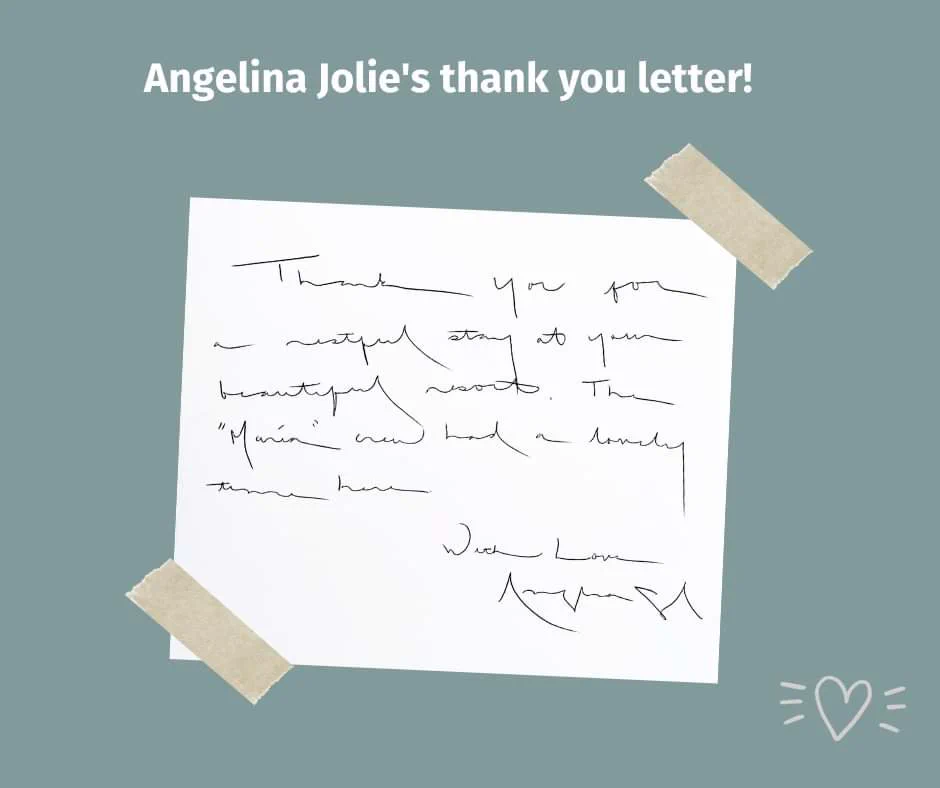 The handwriting reference: a thank-you note attributed to Angelina Jolie, shared by @angeltresjolie_ on X